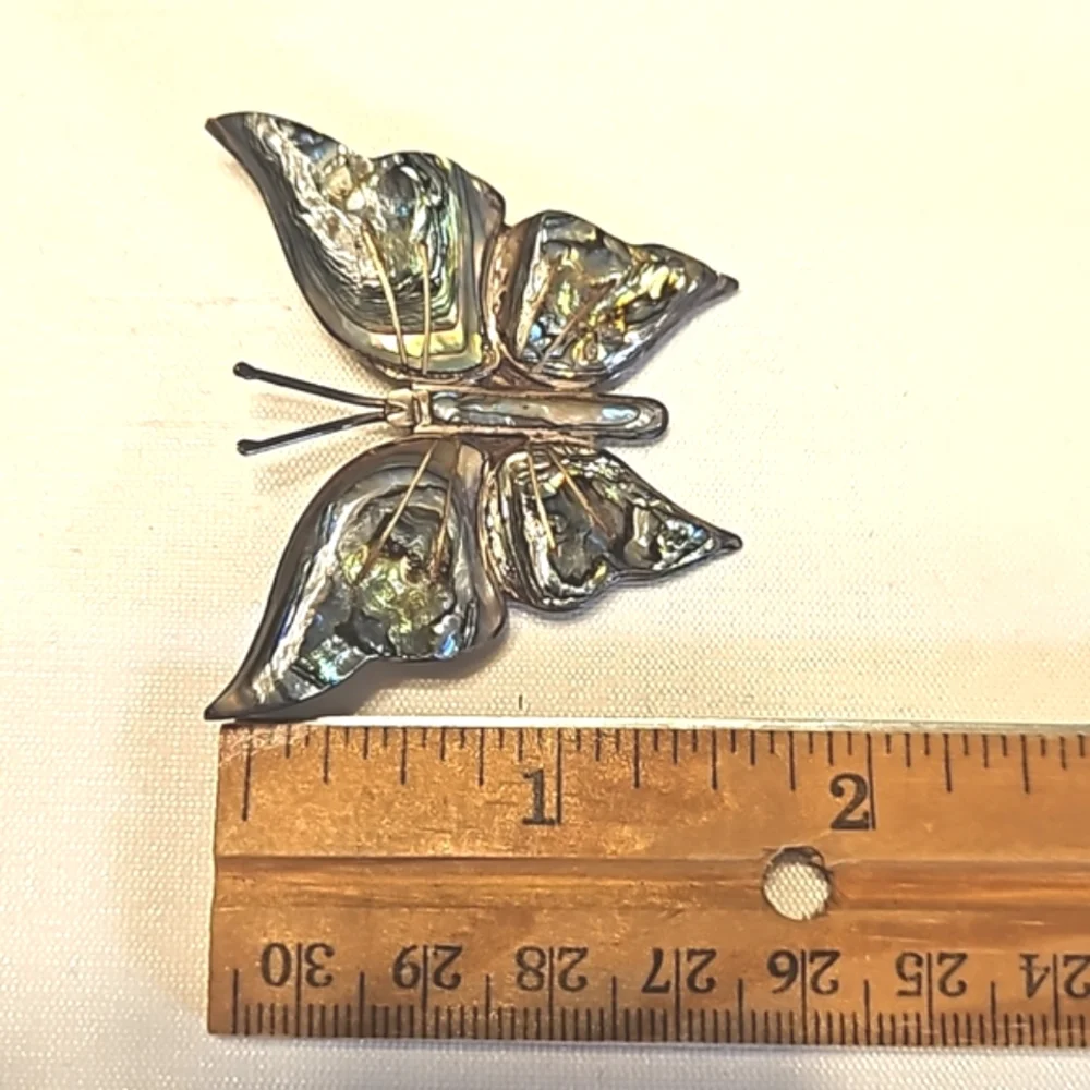 Vintage 1950's Abalone Inlay Butterfly Pin Sterling Silver Taxco Mexico